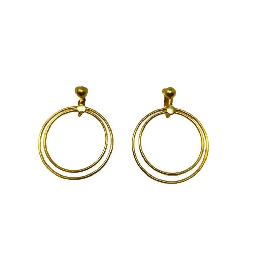 Vintage Minimalist Double Hoop Clip-On Earrings | Gold-Tone Modernist Statement